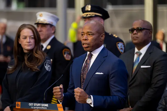 New York City Mayor Eric Adams speaks during a security briefing ahead of New Year's Eve on December 30, 2022. The mayor announced the purchase of new, electric-powered city vehicles.